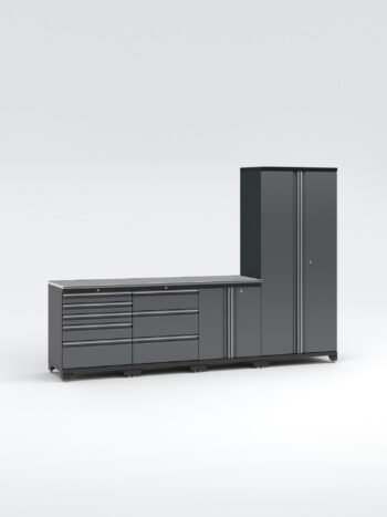 Garageinredning med 4 delar - set 1 i grått, PRO har en minimalistisk design med ett högt skåp till höger, ett underskåp med flera lådor och en horisontell bänkskiva, som erbjuder elegant och modern förvaring.
