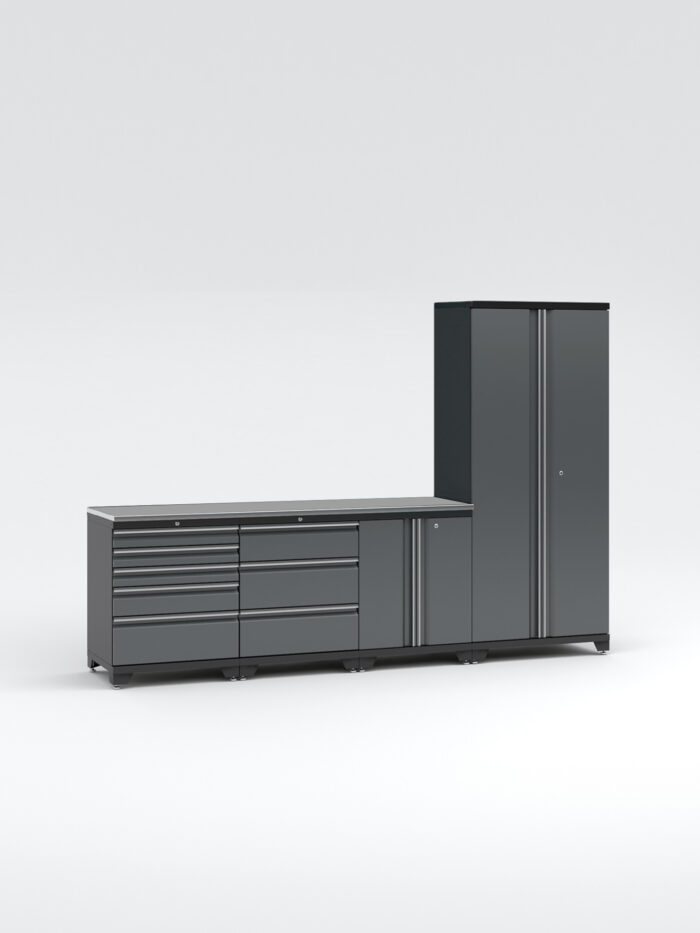 Garageinredning med 4 delar - set 1 i grått, PRO har en minimalistisk design med ett högt skåp till höger, ett underskåp med flera lådor och en horisontell bänkskiva, som erbjuder elegant och modern förvaring.