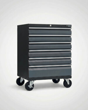 Grå Verktygsvagn PRO verktygslåda med sex lådor och fyra stora länkhjul, mot en vit bakgrund.