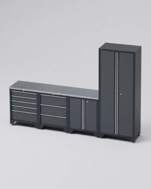 Garageinredning med 4 delar - set 1, grå, CLASSIC: Ett modulärt förvaringsset med flera grå skåp och lådor, inklusive ett högt skåp till höger, samtliga med metallhandtag mot en ljus bakgrund.