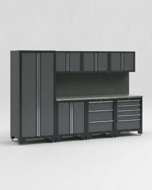 Garageinredning i 7 delar – set 1, grå, CLASSIC: ett modulärt förvaringssystem i sju delar som består av ett högskåp, väggskåp, underskåp med lådor och en stänkskyddstavla.