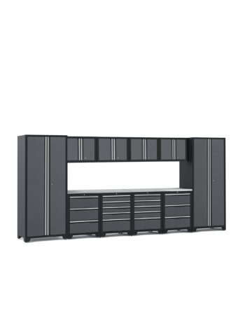 Garageinredning med tio gråa skåp