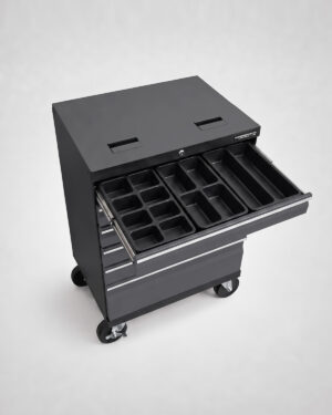 En svart, rullbar verktygsvagn av märket Lådinsats PRO SERIES med en utdragen låda, som avslöjar en modulär förvaringsbricka i svart plast inuti.