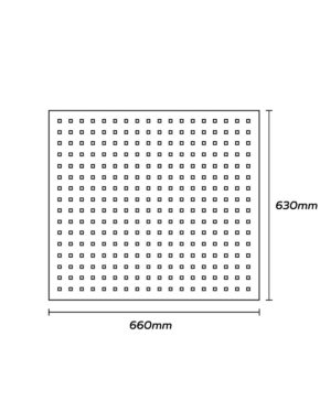 Ett diagram över Verktygstavla CLASSIC SERIES, en rektangulär panel som mäter 660 mm gånger 630 mm, med ett rutnät av jämnt fördelade små fyrkanter som fyller dess yta.