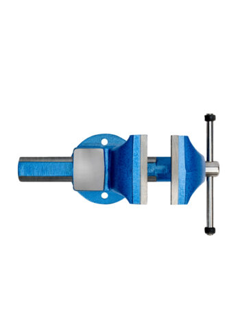 En vy ovanifrån av Skruvstäd BAHCO 6072, ett blått bänkskruvstycke i metall med två silverbackar och ett roterande handtag. 100 mm, 6 kg skruvstäd är isolerad på en vit bakgrund och visar dess olika komponenter som skruvmekanismen och monteringsbasen.