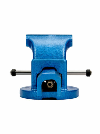 Skruvstäd BAHCO 6072 100mm 6kg, ett blått metallskruvstäd, visas mot en vit bakgrund. Den visas framifrån med två synliga handtag på varje sida.