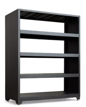 Förvaringshylla dubbel svart, PRO är en hög metallhylla i svart, med fyra hyllor och en öppen ryggdesign. Den står på små fötter och står mot en vanlig vit bakgrund.