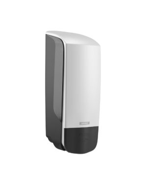 Dispenser tvål vit KATRIN 1000ml är en väggmonterad tvålautomat i vitt och svart, med en elegant och modern design. Den är utrustad med en tryckknapp i botten.