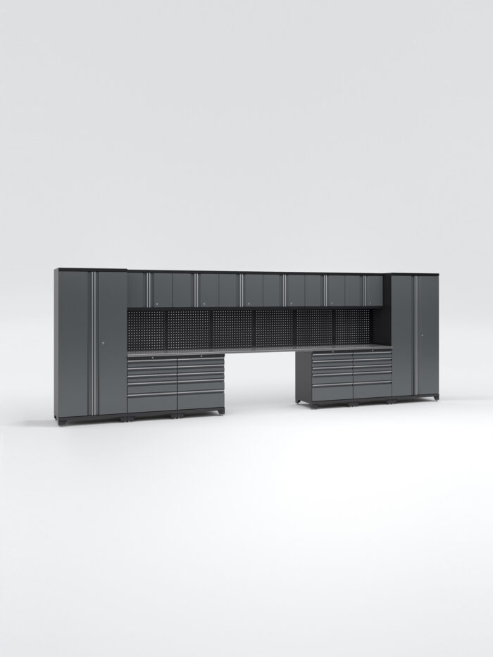 Garageinredning med 12 delar - set 1, grå, PRO har snygga mörkgrå skåp med högskåp, överskåp, flera lådor och en central arbetsbänk symmetriskt anordnad mot en vanlig vit bakgrund för en modern garageförvaringslösning.