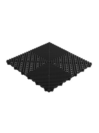 SWISSTRAX RIBTRAX golvplattor i Jet-Black är ett rombformat föremål med en räfflad struktur och symmetriskt mönster, med horisontella och vertikala spår för en geometrisk design på en vanlig vit bakgrund.