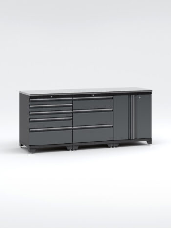 En stor, mörkgrå Garageinredning i metall med 3 delar - set 1, grå, PRO med flera lådor och ett skåp till höger är inställd mot en vanlig vit bakgrund, vilket framhäver dess eleganta och moderna design.