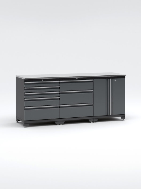 En stor, mörkgrå Garageinredning i metall med 3 delar - set 1, grå, PRO med flera lådor och ett skåp till höger är inställd mot en vanlig vit bakgrund, vilket framhäver dess eleganta och moderna design.