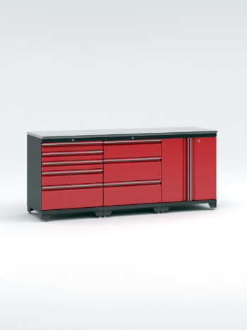 Ett elegant, rött garageförvaringssystem kallat 