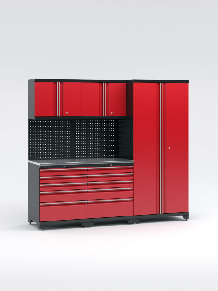 Garageinredning med 5 delar - set 1, röd, PRO kombinerar röda och svarta hög- och väggskåp, en pegboard backsplash, flera lådor mot vit bakgrund.