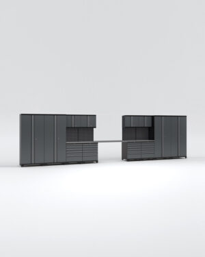 Garageinredningen med 12 delar – set 3, grå, PRO visar upp eleganta moderna mörkgrå modulskåp med lådor och överliggande enheter på en vanlig vit bakgrund, med rena linjer och minimalistisk design.