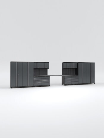 Garageinredningen med 12 delar – set 3, grå, PRO visar upp eleganta moderna mörkgrå modulskåp med lådor och överliggande enheter på en vanlig vit bakgrund, med rena linjer och minimalistisk design.