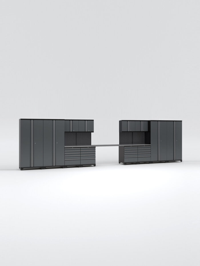 Garageinredningen med 12 delar – set 3, grå, PRO visar upp eleganta moderna mörkgrå modulskåp med lådor och överliggande enheter på en vanlig vit bakgrund, med rena linjer och minimalistisk design.