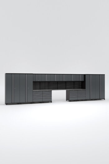 Garageinredning med 14 delar – set 1, grå, PRO är ett snyggt, mörkgrått modulärt förvaringssystem med höga skåp, överliggande fack, flera lådor och pegboards. Dess rena design sticker ut mot en vanlig vit bakgrund.