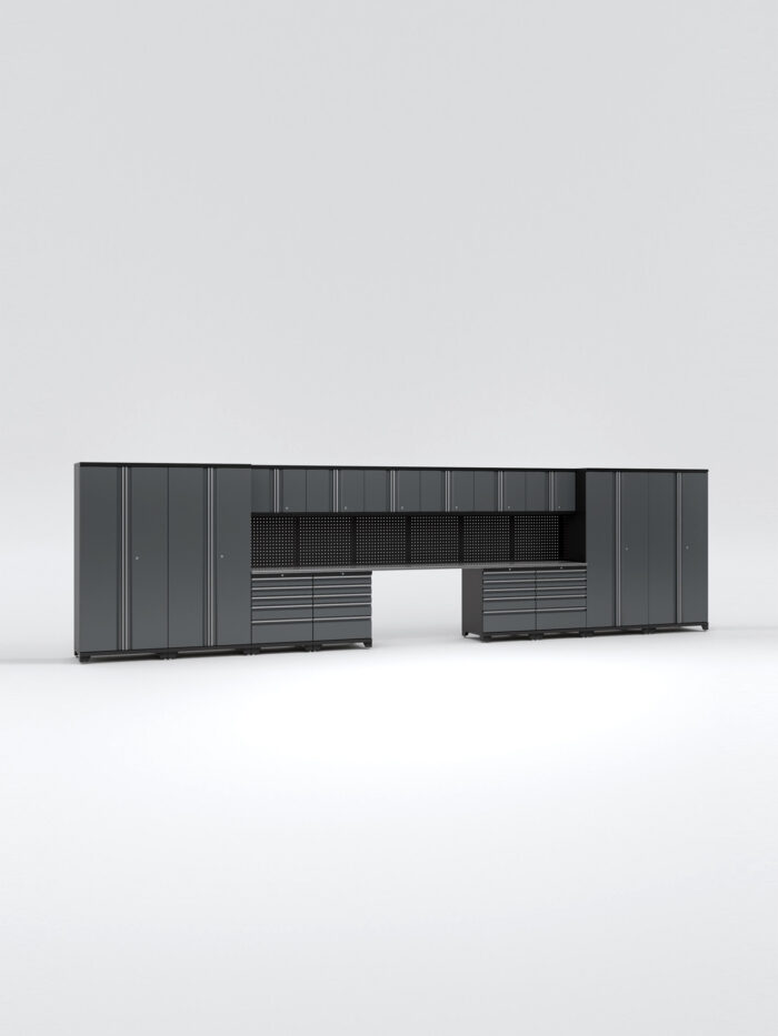 Garageinredning med 14 delar – set 1, grå, PRO är ett snyggt, mörkgrått modulärt förvaringssystem med höga skåp, överliggande fack, flera lådor och pegboards. Dess rena design sticker ut mot en vanlig vit bakgrund.