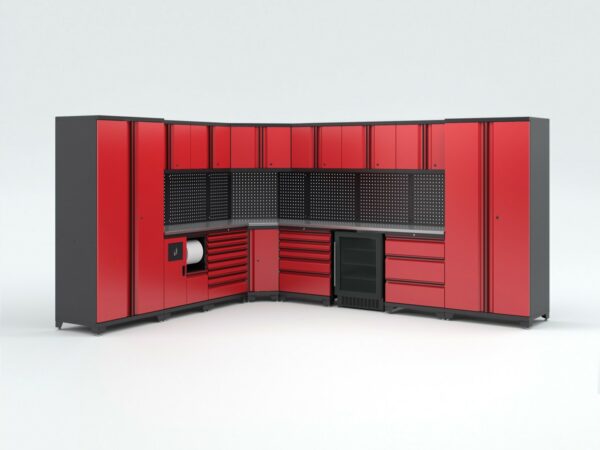 Rött och svart modulärt förvaringssystem för garage med skåp, lådor, pegboards och en pappershanddukshållare, placerade i en L-form på en vit bakgrund.