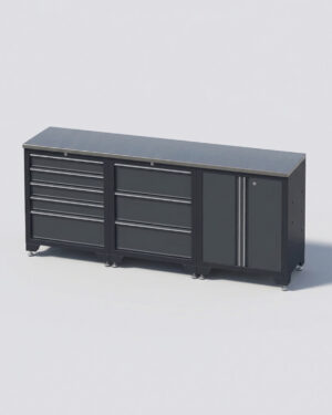 Ett verktygsskåp i grå metall från serien "Garageinredning med 3 delar - set 1, grå, CLASSIC" har flera lådor, ett fack med dubbeldörrar, en plan ovansida och små ben. Det visas mot en vit bakgrund.