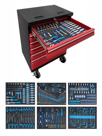 Verktygsvagn med 6 lådor i röd färg tillsammans med en verktygssats innehållande 273 delar verktyg