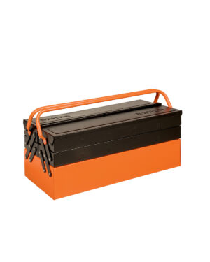 Verktygslåda 5-fack stålplåt Bahco 1497MBF550 är en verktygslåda i metall med orange botten och svart överdel, utrustad med ett stadigt bärhandtag. Den har flera fack i en klassisk rektangulär design.