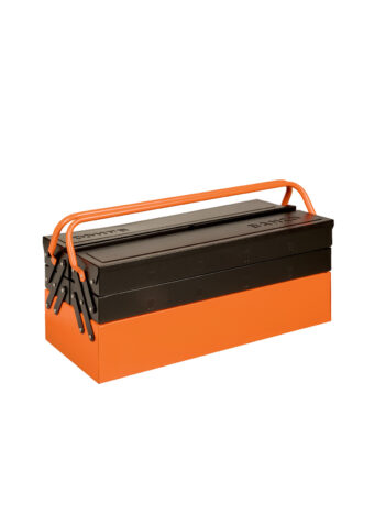 Verktygslåda 5-fack stålplåt Bahco 1497MBF550 är en verktygslåda i metall med orange botten och svart överdel, utrustad med ett stadigt bärhandtag. Den har flera fack i en klassisk rektangulär design.