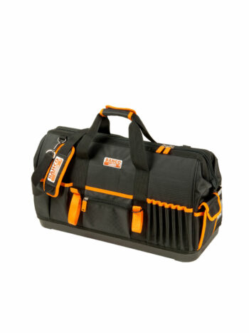 En svart och orange verktygsväska med handtag och flera fack. Den har Bahcos logotyp och har en robust design som lämpar sig för att bära verktyg.