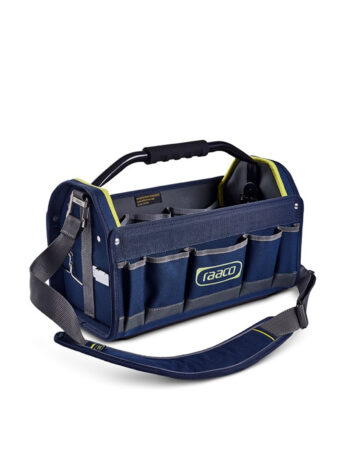 Vi presenterar Verktygsväska Raaco Toolbag Pro 16, en blå och svart verktygsväska utrustad med en axelrem och flera fickor. Designen med öppen topp avslöjar dess rymliga interiör och organiserade fack, medan fronten stolt visar "raaco"-logotypen i vit text .