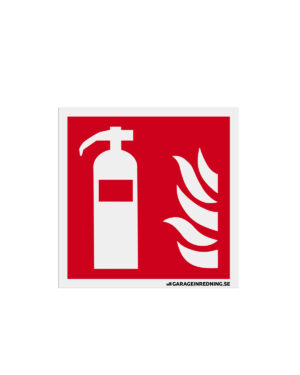 Brandsläckare skylt 20x20cm är en röd och vit brandskyddsskylt som visar en brandsläckare bredvid lågor, som indikerar platsen för brandsläckningsutrustning.