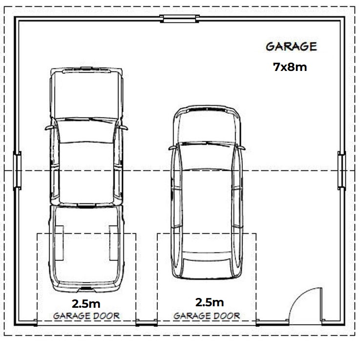 Planritning av ett 7x8m garage som visar plats för tre bilar. Två bilar parkeras sida vid sida till vänster med en gemensam garageport och en bil till höger har en egen garageport. En vanlig dörr finns nere till höger.
