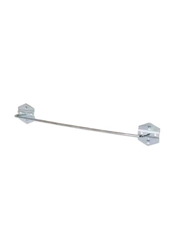 Långhållare 385mm är en handduksstång i metall med enkel design, monterad mot en vit bakgrund. Den innehåller två sexkantiga väggfästen i varje ände, sammankopplade med en rak, smal stång.