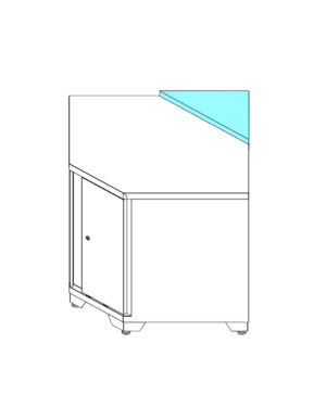 Vi presenterar Hörnmodul till hörnskåp PRO SERIES, med en enkel dörr och justerbara ben. Den övre ytan uppvisar en kontrasterande färg, vilket indikerar det som ett distinkt stycke eller material. Designen är minimalistisk och geometrisk.