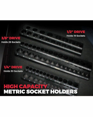 Bild på flera Hylshållare magnetiska millimeterhållare med hög kapacitet. Varje hållare är märkt med uttagsstorlek: 1/2