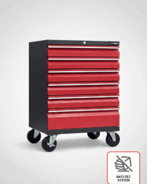 A röd Verktygsvagn med 6 lådor Anti-Tilt Protection - PRO, visas på hjul. En grafik med "ANTI-TILT SYSTEM" i nedre högra hörnet framhäver dess säkerhetsfunktion mot tippning.