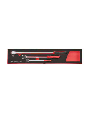 Vi presenterar Spärrhandtagssats TengTools TEXRL03: ett snyggt set med röda och svarta köksredskap i en elegant låda. Setet innehåller en spatel, sked och slev, alla med långa handtag. Förpackningen är designad med en elegant svart finish kompletterad med en slående röd kant.
