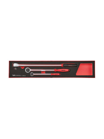 Vi presenterar Spärrhandtagssats TengTools TEXRL03: ett snyggt set med röda och svarta köksredskap i en elegant låda. Setet innehåller en spatel, sked och slev, alla med långa handtag. Förpackningen är designad med en elegant svart finish kompletterad med en slående röd kant.