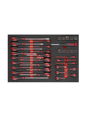 En snyggt arrangerad 122 delars Skruvmejsel/bits sats Teng Tools TTEMD122N, med olika skruvmejslar och bits med röda och svarta handtag, utlagda i en skumorganisator.