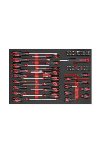 En snyggt arrangerad 122 delars Skruvmejsel/bits sats Teng Tools TTEMD122N, med olika skruvmejslar och bits med röda och svarta handtag, utlagda i en skumorganisator.