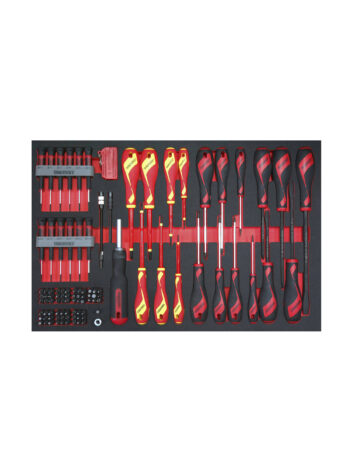 98 delars Skruvmejsel-/bitssats Teng Tools TTEMD98N är en snyggt organiserad uppsättning av olika handverktyg placerade i en svart skumbricka, med skruvmejslar, hylsor och andra precisionsverktyg med distinkta röda och gula handtag. Dessa verktyg är utformade för mekaniskt eller elektriskt arbete och är symmetriskt inriktade.