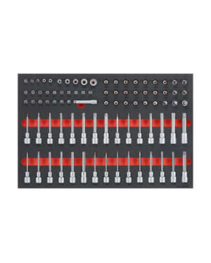 Ett 85-delars Hylsbitssats Teng Tools TTESK85-set, med hylsnycklar och bitar, är snyggt arrangerat i rader på en svart och röd bricka, och visar flera storlekar som visas på ett organiserat sätt.