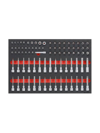 Ett 85-delars Hylsbitssats Teng Tools TTESK85-set, med hylsnycklar och bitar, är snyggt arrangerat i rader på en svart och röd bricka, och visar flera storlekar som visas på ett organiserat sätt.