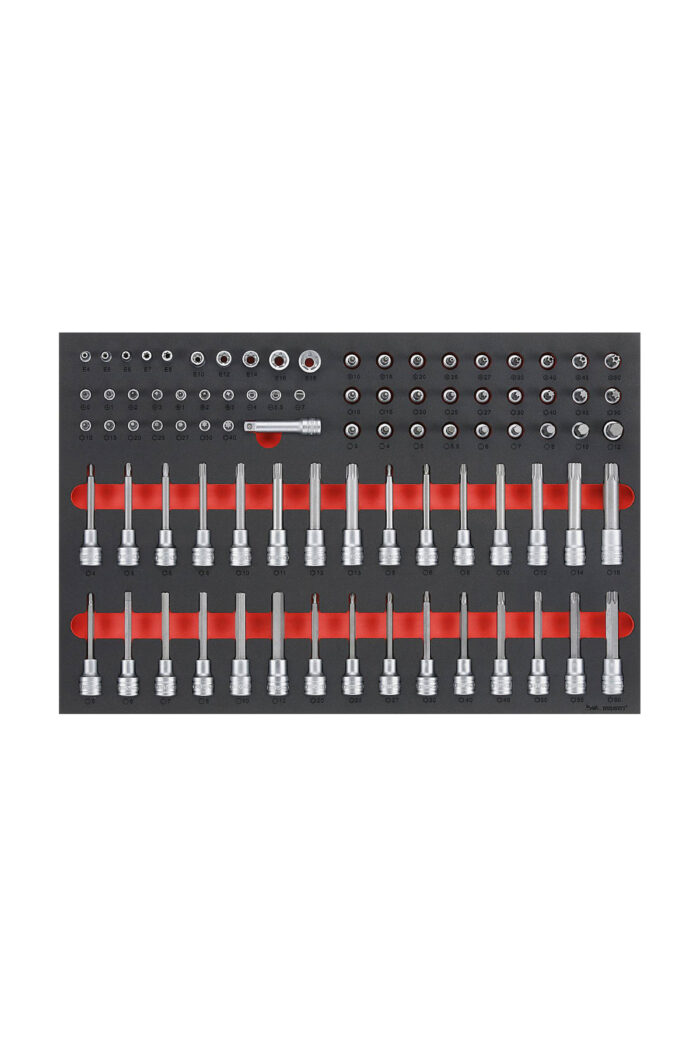 Ett 85-delars Hylsbitssats Teng Tools TTESK85-set, med hylsnycklar och bitar, är snyggt arrangerat i rader på en svart och röd bricka, och visar flera storlekar som visas på ett organiserat sätt.