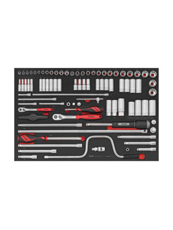 En organiserad 86-delad socket set, Teng Tools TTESK86, kommer i ett svart skumfodral och har ett sortiment av handverktyg som spärrar, hylsor, förlängningar och skiftnycklar. Verktygen är snyggt ordnade i rader med en kombination av röda och silverfärgade metallfinish.