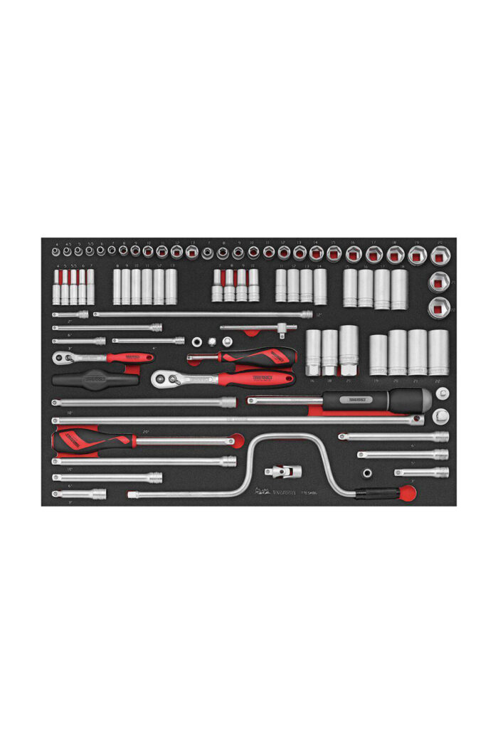 En organiserad 86-delad socket set, Teng Tools TTESK86, kommer i ett svart skumfodral och har ett sortiment av handverktyg som spärrar, hylsor, förlängningar och skiftnycklar. Verktygen är snyggt ordnade i rader med en kombination av röda och silverfärgade metallfinish.