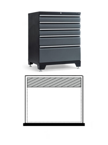 En Teng Tools TEXW05 svart verktygslåda har fem horisontella lådor, med en illustration nedan som visar dess öppna interiör för att markera det tillgängliga förvaringsutrymmet. De jämnt staplade lådorna åtföljs av ett diagram som visar ett tomt fack med streck.