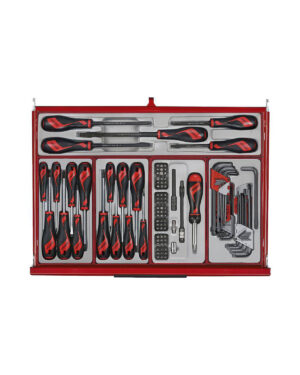 Verktygsvagn 7 lådor + 628 delar verktyg TengTools TKW26R628T är ett snyggt organiserat verktygsset med röda och svarta skruvmejslar, borr och insexnyckel i ett rött och grått fodral.