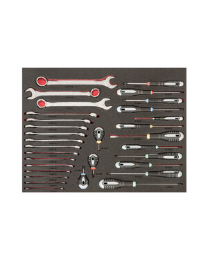 Verktygsvagn E72 har ett svart skåp med 5 lådor och rymmer 158 snyggt organiserade BAHCO-verktyg på en skumbricka, inklusive skiftnycklar och kombinationsnycklar, plus spärr i olika storlekar, alla märkta och ordnade i rader.