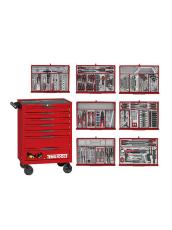 Teng Tools Verktygsvagn TKW26R628T är en röd verktygslåda på hjul med sju lådor fyllda med diverse verktyg, inklusive skiftnycklar, skruvmejslar och tång. Flera bilder visar de organiserade verktygsuppsättningarna i lådorna.